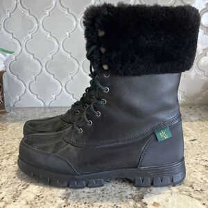 RALPH LAUREN Black Leather & Shearling QUINTA Lace-Up Winter Boots US 7